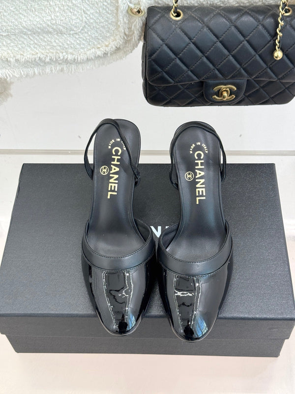 Chanel 26C Open-Back High-Heel Sandals Black in Leather 615703