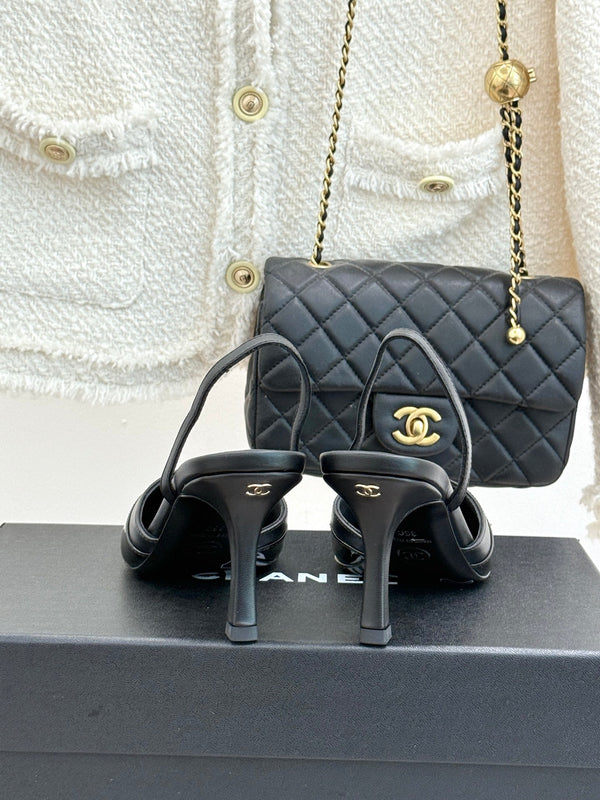 Chanel 26C Open-Back High-Heel Sandals Black in Leather 615703