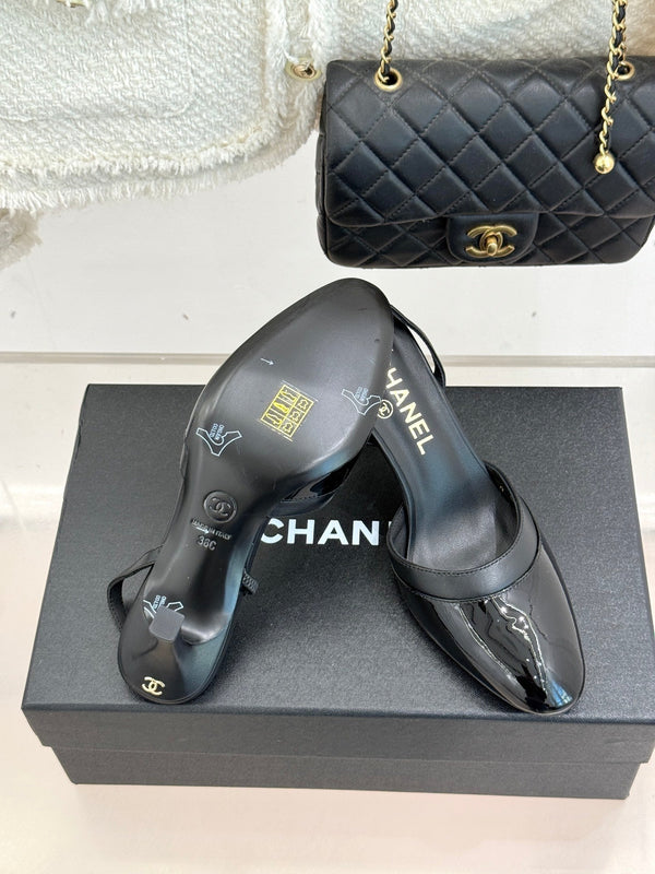 Chanel 26C Open-Back High-Heel Sandals Black in Leather 615703