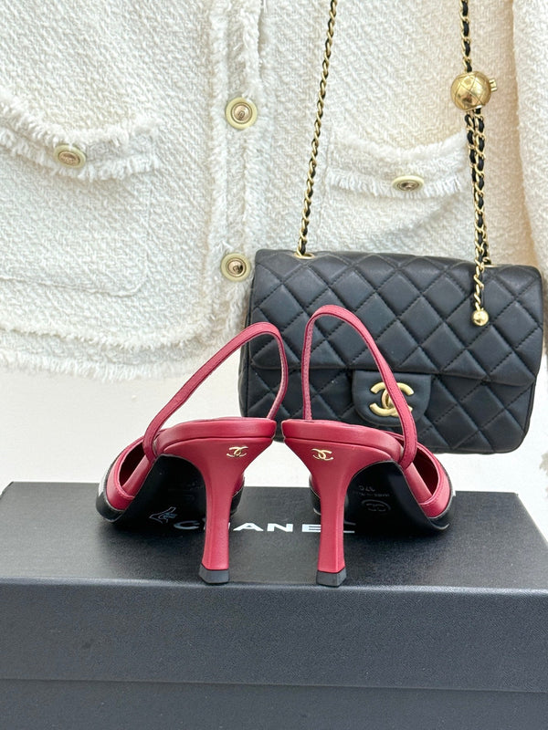 Chanel 26C Open-Back High-Heel Sandals Red Black in Leather 615702