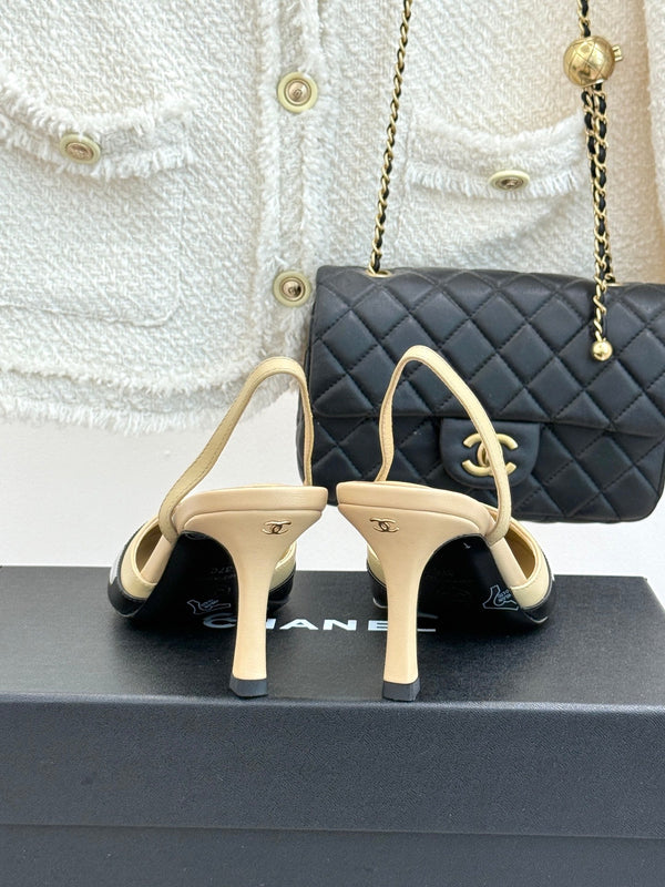 Chanel 26C Open-Back High-Heel Sandals Beige Black in Leather 615701