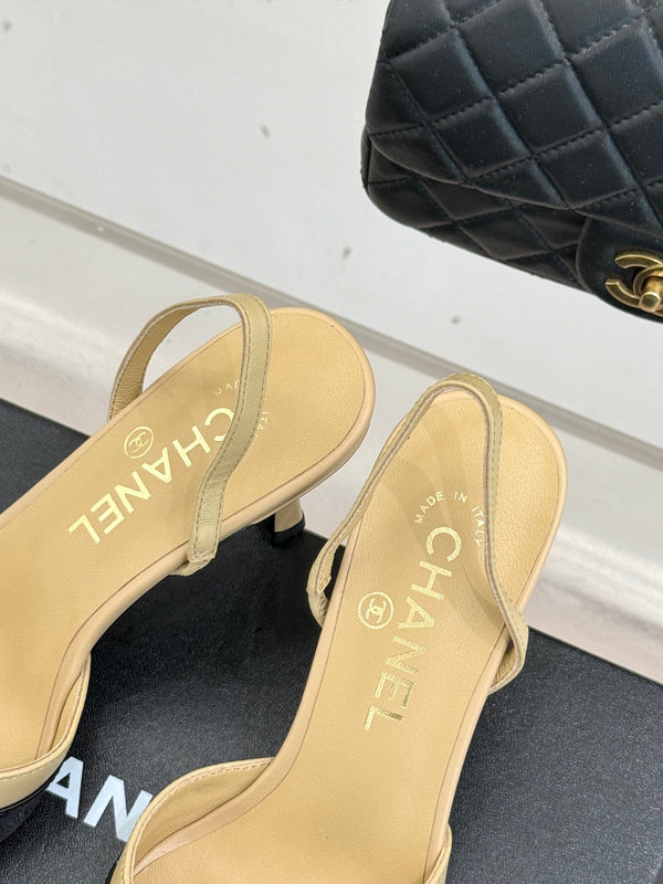 Chanel 26C Open-Back High-Heel Sandals Beige Black in Leather 615701