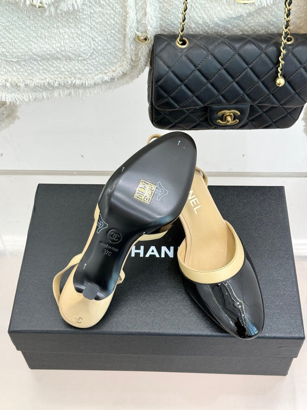 Chanel 26C Open-Back High-Heel Sandals Beige Black in Leather 615701