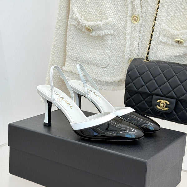 Chanel 26C Open-Back High-Heel Sandals White Black in Leather 615700