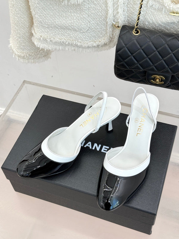 Chanel 26C Open-Back High-Heel Sandals White Black in Leather 615700