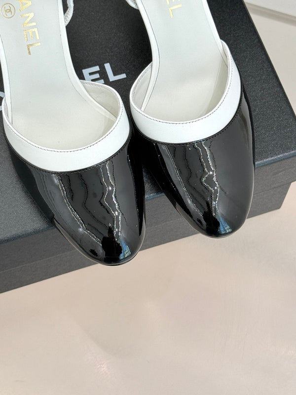 Chanel 26C Open-Back High-Heel Sandals White Black in Leather 615700