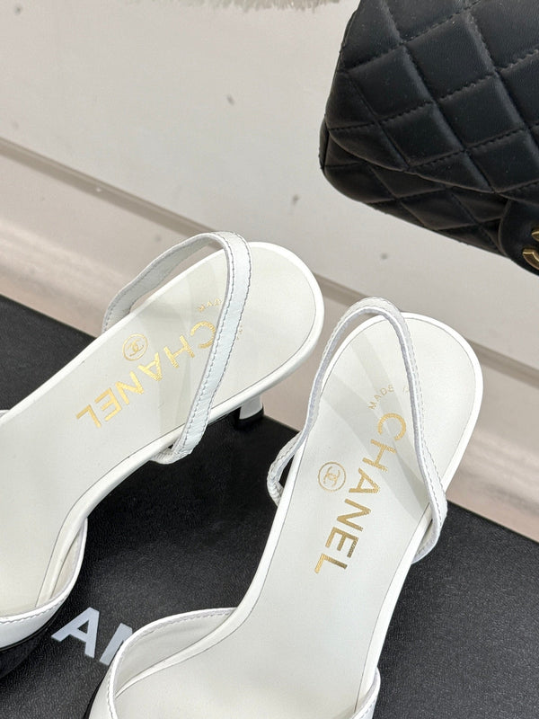 Chanel 26C Open-Back High-Heel Sandals White Black in Leather 615700