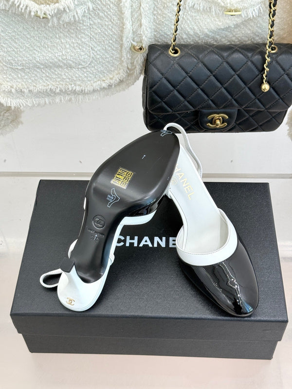 Chanel 26C Open-Back High-Heel Sandals White Black in Leather 615700