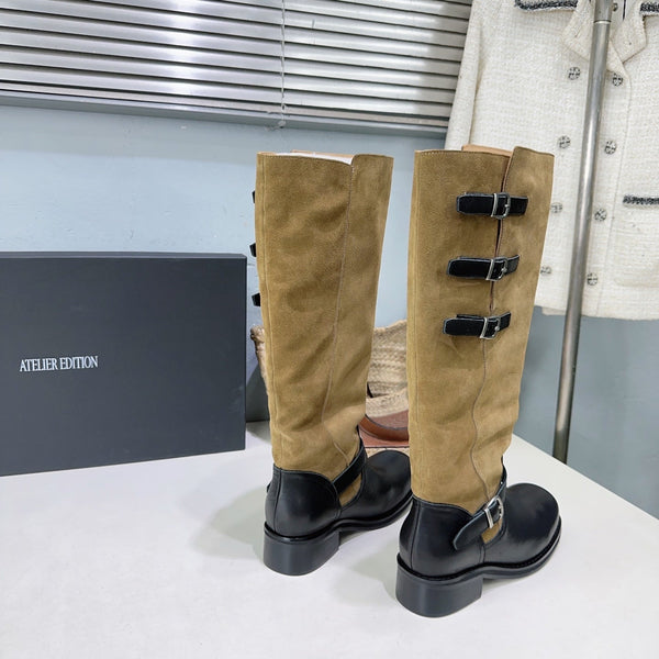 Atelier Edition 26ss Retro Buckled Round Toe Color Block Long Boots Camel Black in Calfskin and Suede
