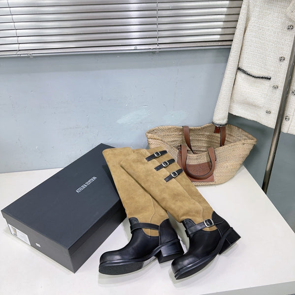 Atelier Edition 26ss Retro Buckled Round Toe Color Block Long Boots Camel Black in Calfskin and Suede