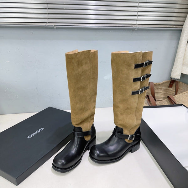 Atelier Edition 26ss Retro Buckled Round Toe Color Block Long Boots Camel Black in Calfskin and Suede