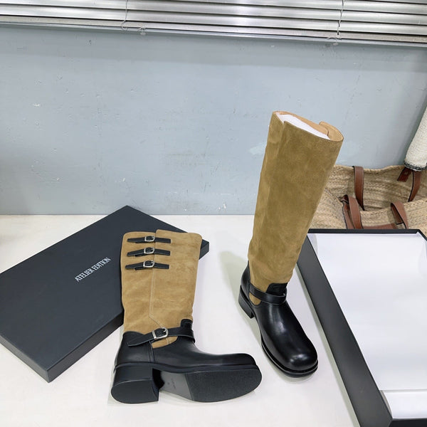 Atelier Edition 26ss Retro Buckled Round Toe Color Block Long Boots Camel Black in Calfskin and Suede
