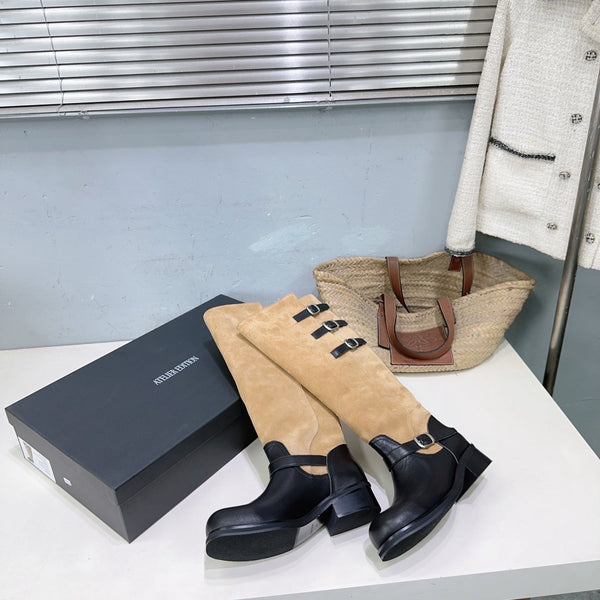 Atelier Edition 26ss Retro Buckled Round Toe Color Block Long Boots Brown Black in Calfskin and Suede