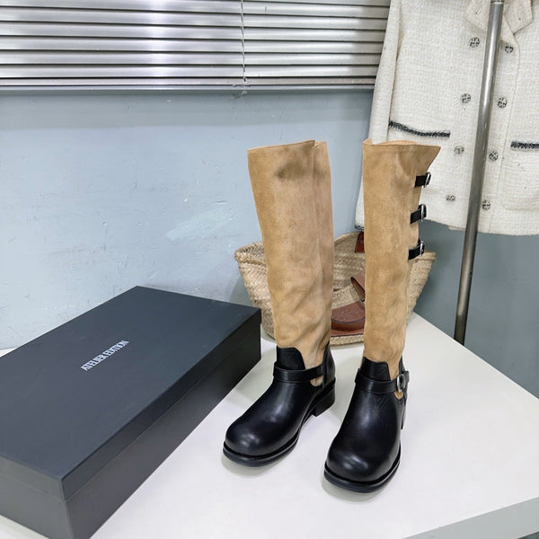 Atelier Edition 26ss Retro Buckled Round Toe Color Block Long Boots Brown Black in Calfskin and Suede