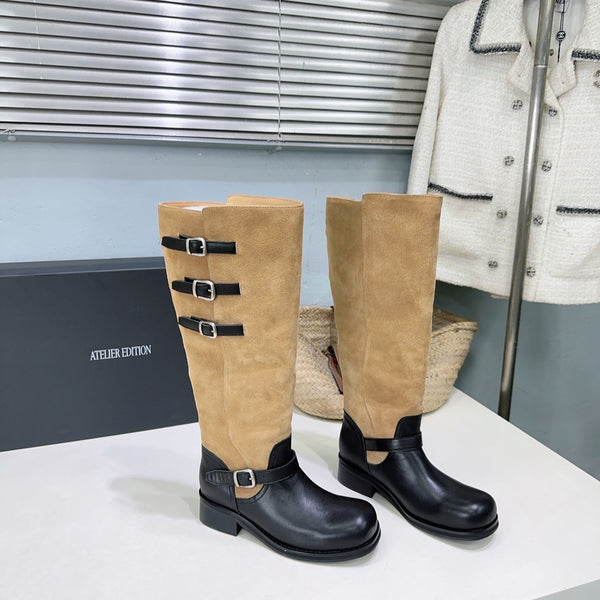 Atelier Edition 26ss Retro Buckled Round Toe Color Block Long Boots Brown Black in Calfskin and Suede