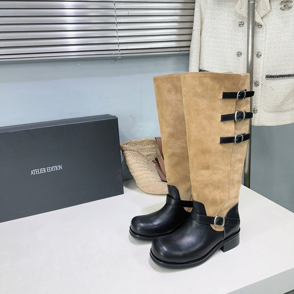 Atelier Edition 26ss Retro Buckled Round Toe Color Block Long Boots Brown Black in Calfskin and Suede