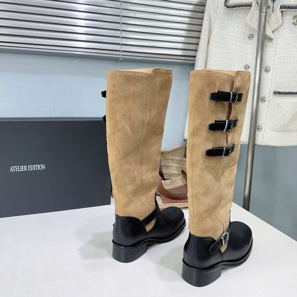Atelier Edition 26ss Retro Buckled Round Toe Color Block Long Boots Brown Black in Calfskin and Suede
