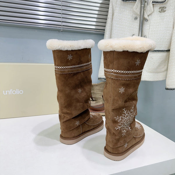 UNFOLIO 26SS Snow High Boots Brown in Lambswool and Cow Suede 629524