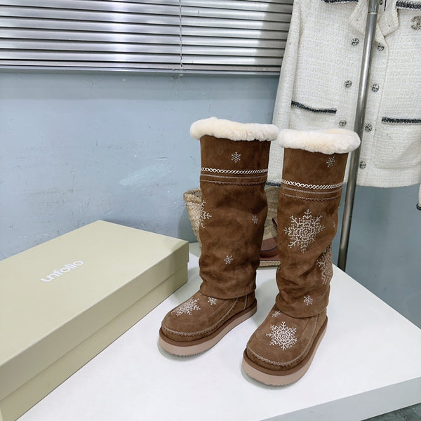 UNFOLIO 26SS Snow High Boots Brown in Lambswool and Cow Suede 629524