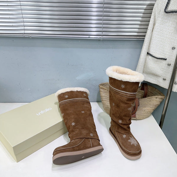 UNFOLIO 26SS Snow High Boots Brown in Lambswool and Cow Suede 629524