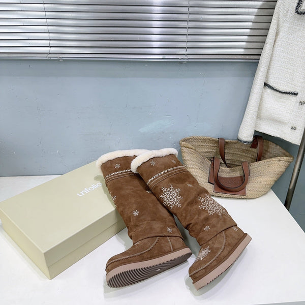 UNFOLIO 26SS Snow High Boots Brown in Lambswool and Cow Suede 629524