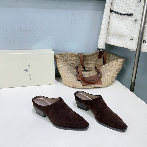 BRUNELLO CUCINELLI 26 Mules à talon épais et bout fermé marron foncé en daim de vachette 629528