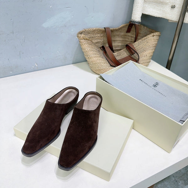BRUNELLO CUCINELLI 26 Mules à talon épais et bout fermé marron foncé en daim de vachette 629528