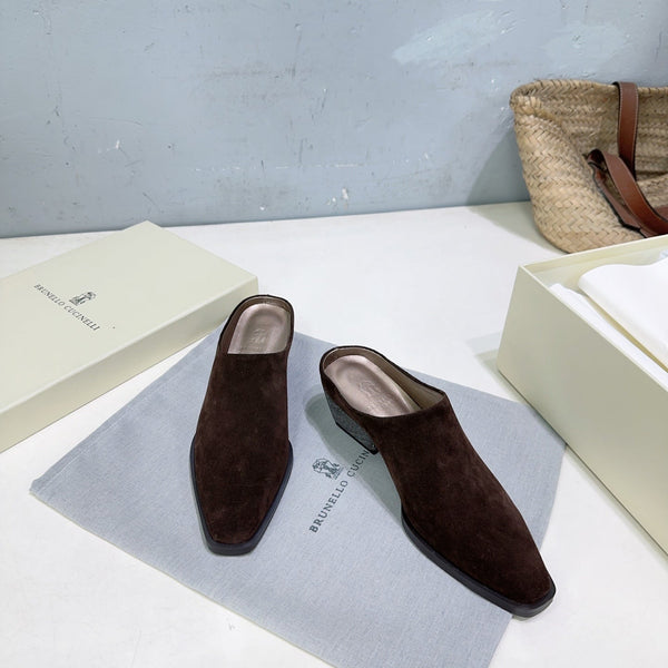 BRUNELLO CUCINELLI 26 Mules à talon épais et bout fermé marron foncé en daim de vachette 629528