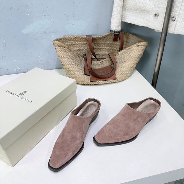 BRUNELLO CUCINELLI 26 Closed-Toe Chunky Heel Mules Pink in Cow Suede 629529