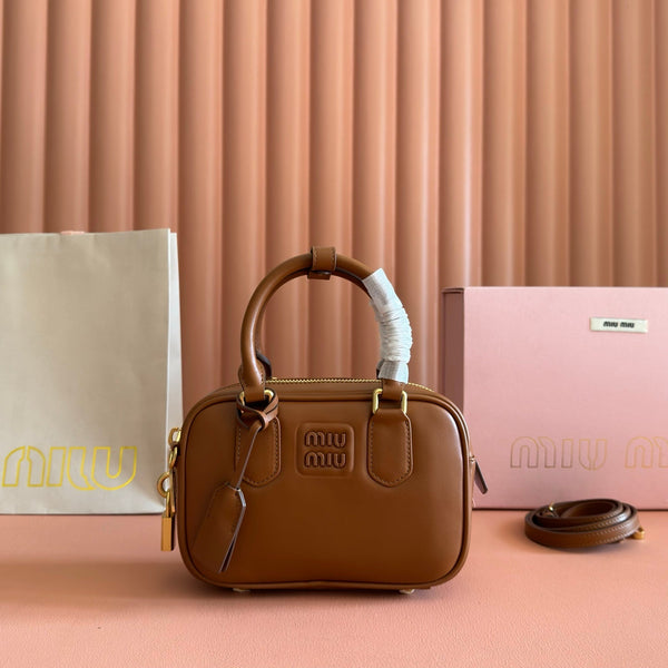 Miu Arcadie Small 19cm Bowling Handbag Camel Cowhide 280990