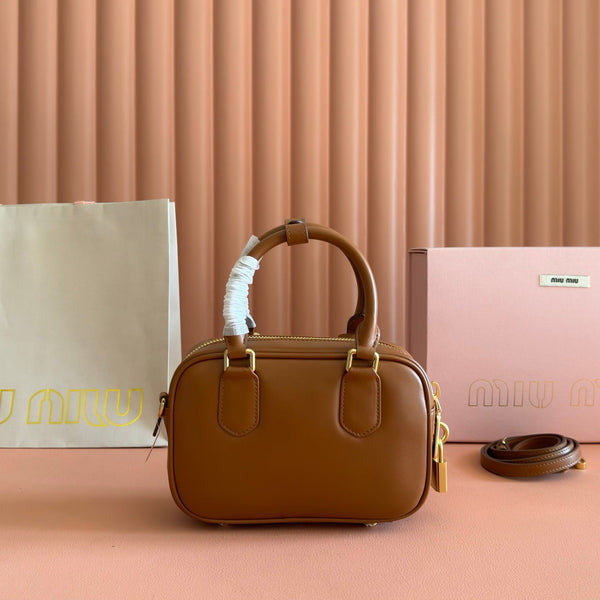 Miu Arcadie Small 19cm Bowling Handbag Camel Cowhide 280990