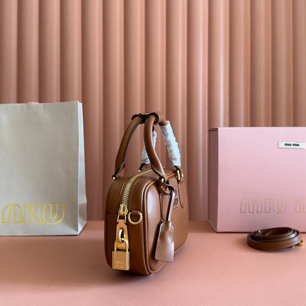 Miu Arcadie Small 19cm Bowling Handbag Camel Cowhide 280990
