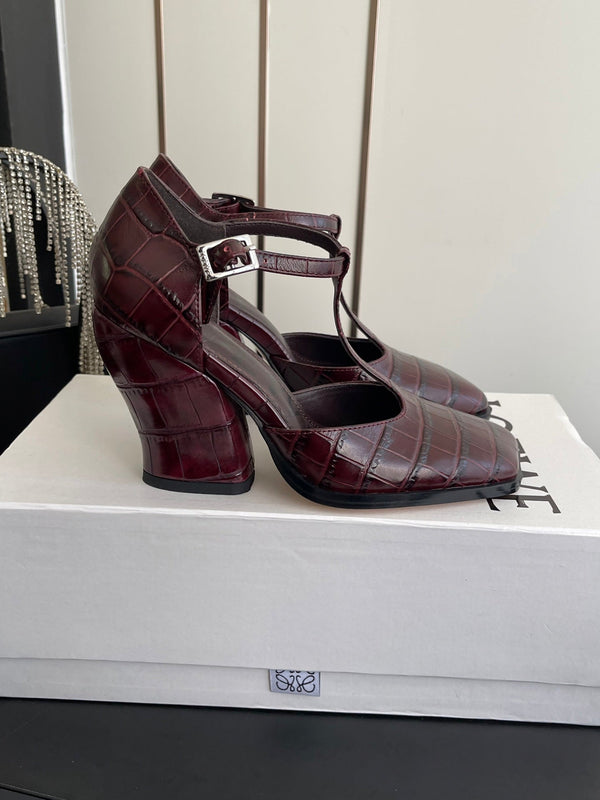 LOEWE 26SS Chunky Heel 50 Mary Jane Burgundy in Leather 631744