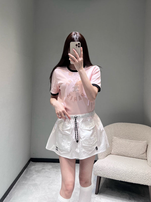 Celine 26SS Color-blocked Neck T-shirt Pink in Cotton 898937