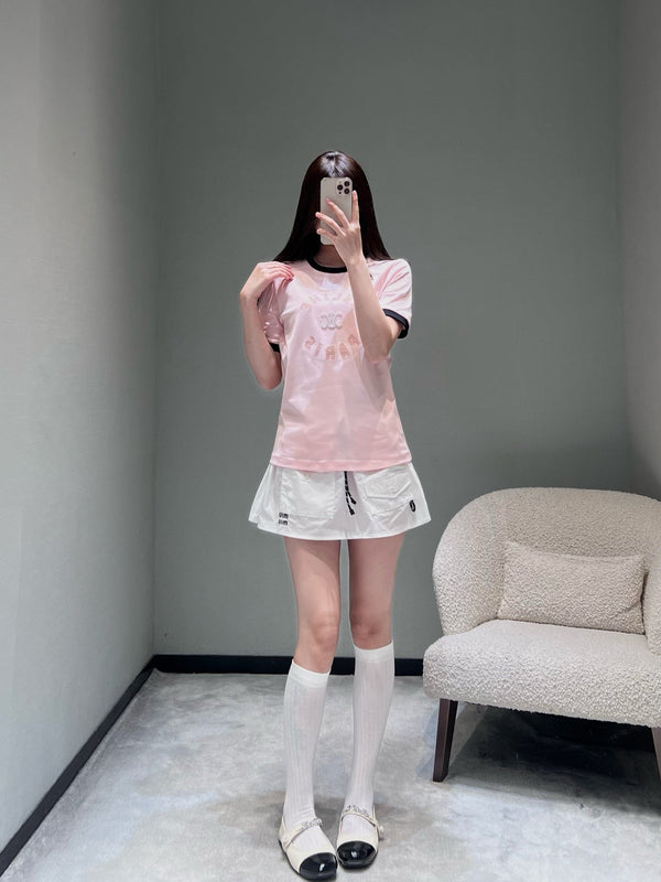 Celine 26SS Color-blocked Neck T-shirt Pink in Cotton 898937