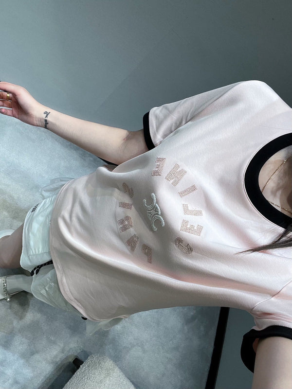 Celine 26SS Color-blocked Neck T-shirt Pink in Cotton 898937