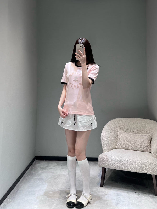 Celine 26SS Color-blocked Neck T-shirt Pink in Cotton 898937