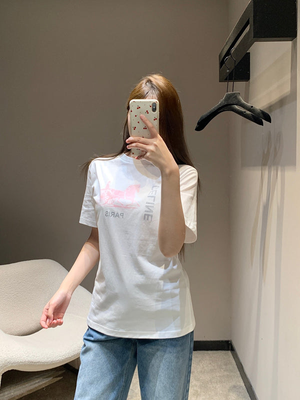 T-shirt col rond à manches courtes imprimé calèche Celine Printemps/Été 2026 en coton blanc 839795
