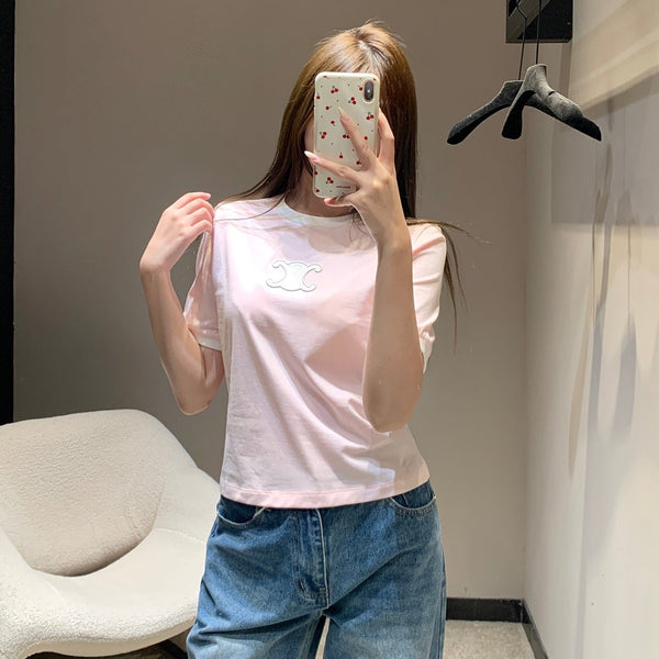 T-shirt à manches courtes Céline 26SS col rond rose en coton 813204