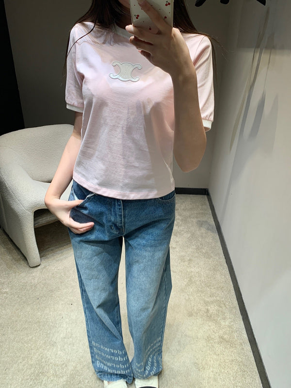 T-shirt à manches courtes Céline 26SS col rond rose en coton 813204