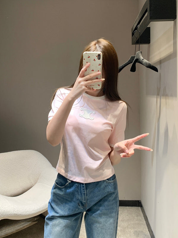 T-shirt à manches courtes Céline 26SS col rond rose en coton 813204