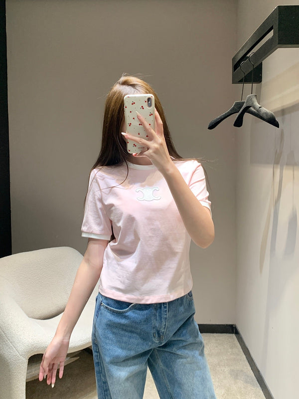 T-shirt à manches courtes Céline 26SS col rond rose en coton 813204