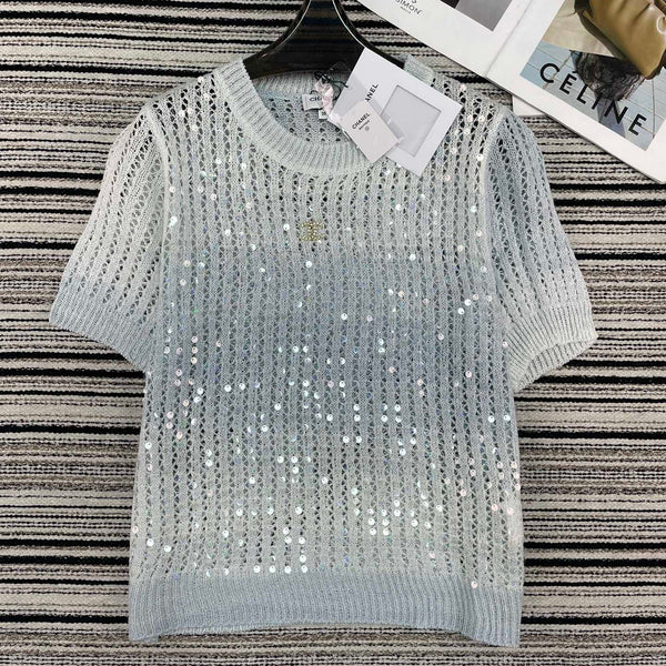 Chanel Tricot Manches Courtes Bleu en Laine 133528