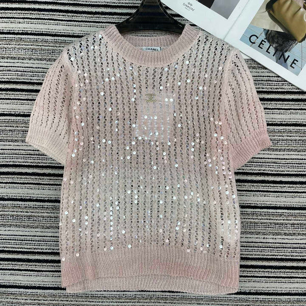 Chanel Tricot Manches Courtes Rose en Laine 133523