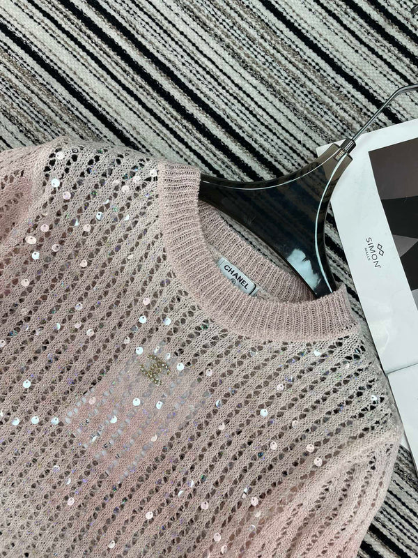 Chanel Tricot Manches Courtes Rose en Laine 133523