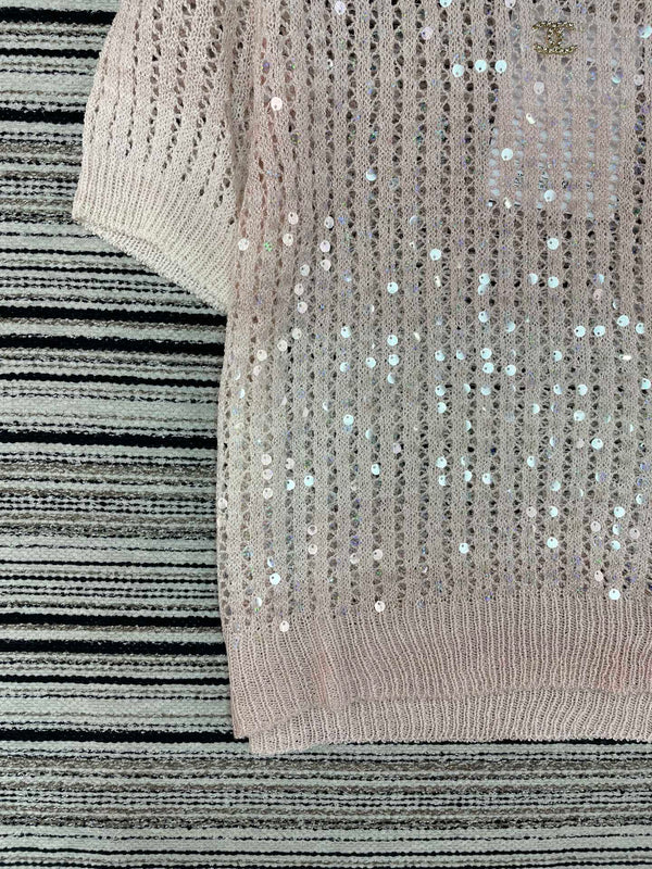 Chanel Tricot Manches Courtes Rose en Laine 133523