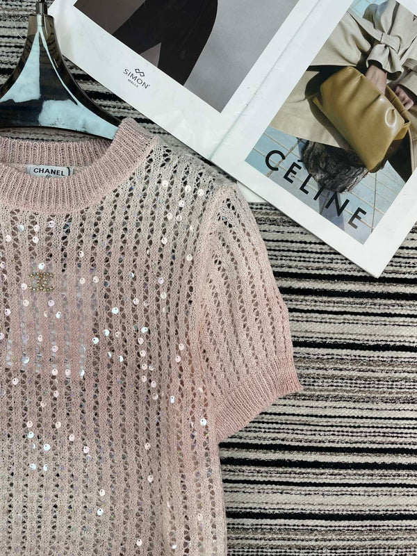 Chanel Tricot Manches Courtes Rose en Laine 133523