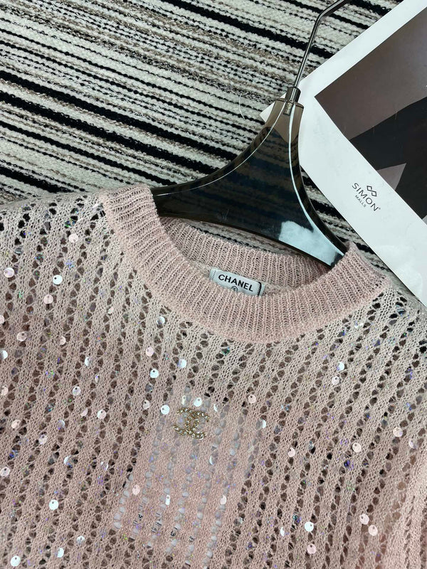 Chanel Tricot Manches Courtes Rose en Laine 133523