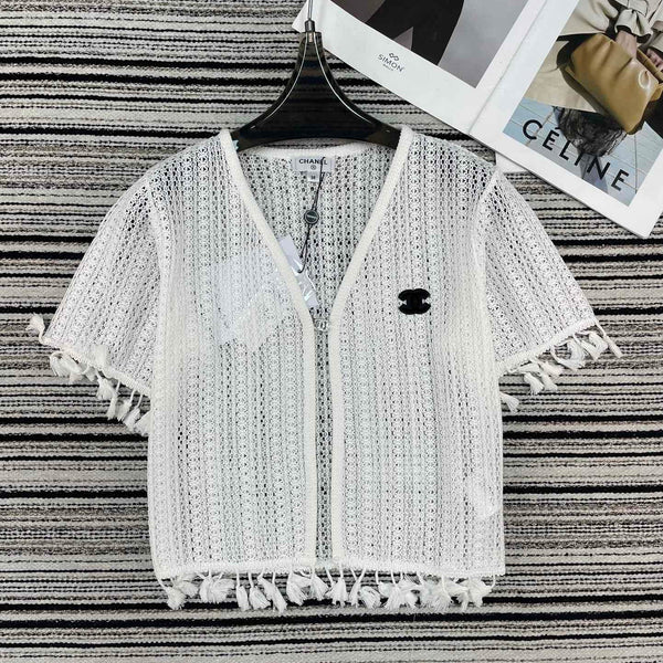 Haut à manches courtes en maille Chanel blanc en coton 133512