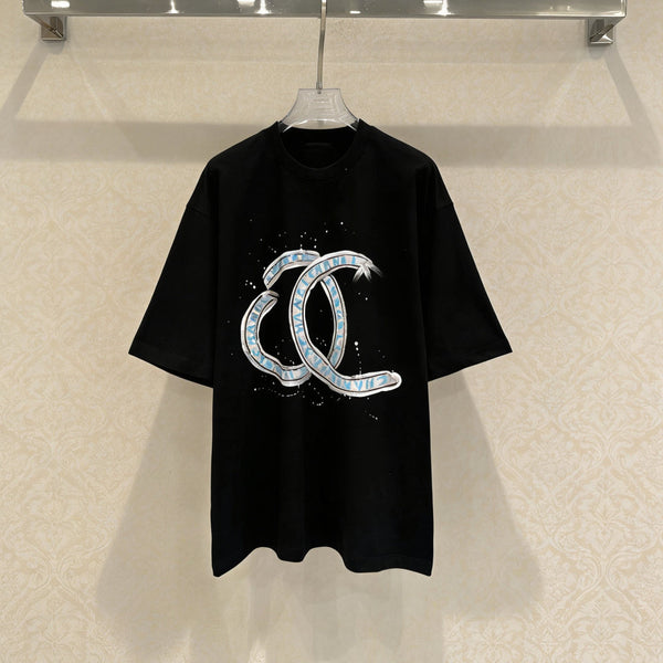 T-shirt Chanel "CC" Lettre Manches Courtes Noir en Coton 127291